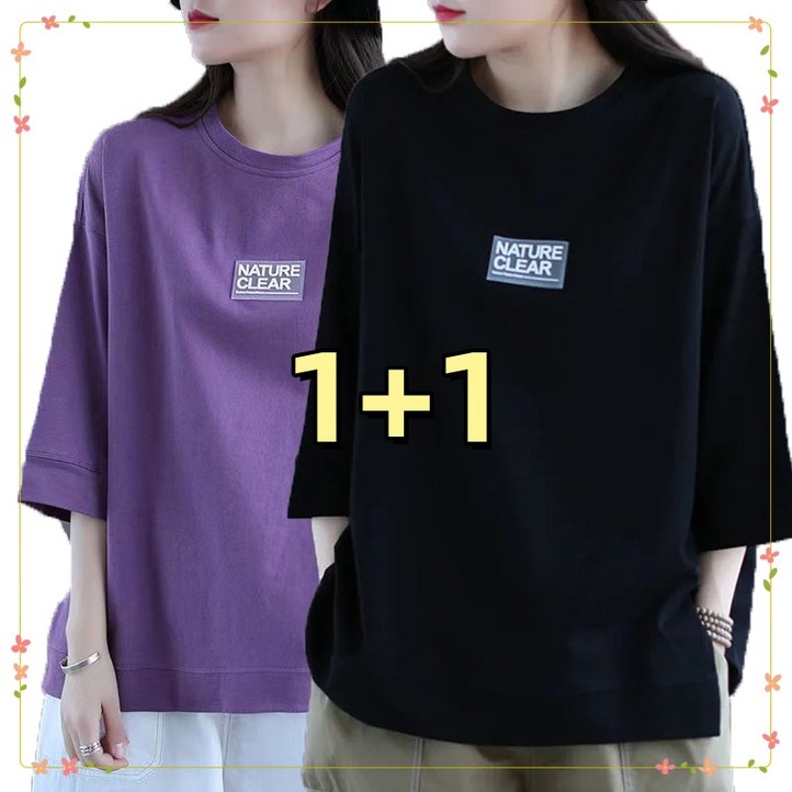 신품 11 여성 100면 루즈핏 7부티셔츠 프린트 라운드티 칠부소매 티셔츠 여름여자상의 면티 2P
