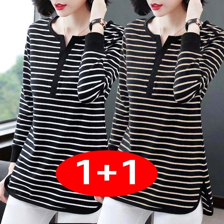 11 2장입  세트 여성 빅사이즈 봄가을 얇은 스트라이프 긴팔 티셔츠 엄마옷 베이직 코디 부드러운 소재 캐주얼 데일리 티셔츠