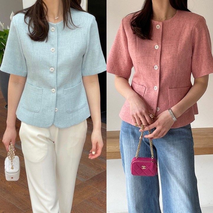 시즌세일 당일 더베이지스 베키 자켓 여자린넨자켓 반팔 헤링본 핑크 여름 트위드자켓 하객룩