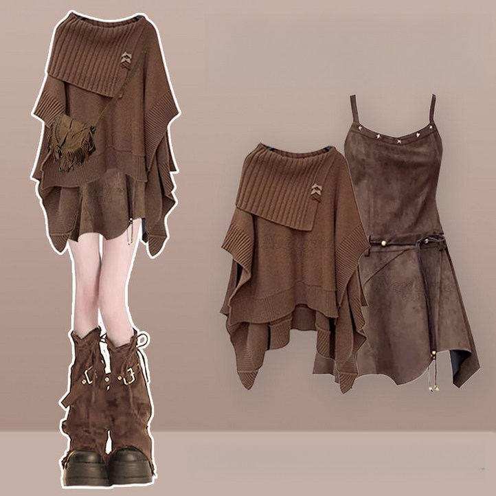 해피유통 여성용 니트 숄과 스웨이드 언밸런스 드레스 보헤미안 세트    BJJ001