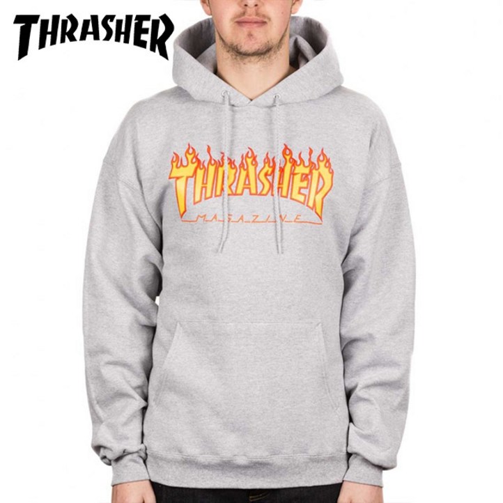 트레셔 플레임 불꽃 로고 THRASHER 그레이 후드티 트레셔 플레임 불꽃 로고 THRASHER 그레이 후드티