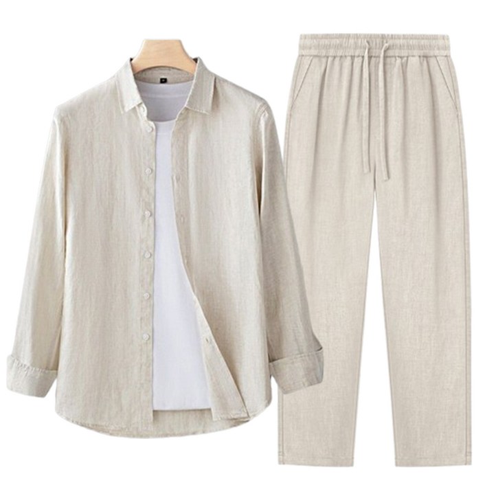 남성 린넨 셔츠 세트 긴팔 상하의 봄여름용 캐주얼 투피스 데일리 남자세트복