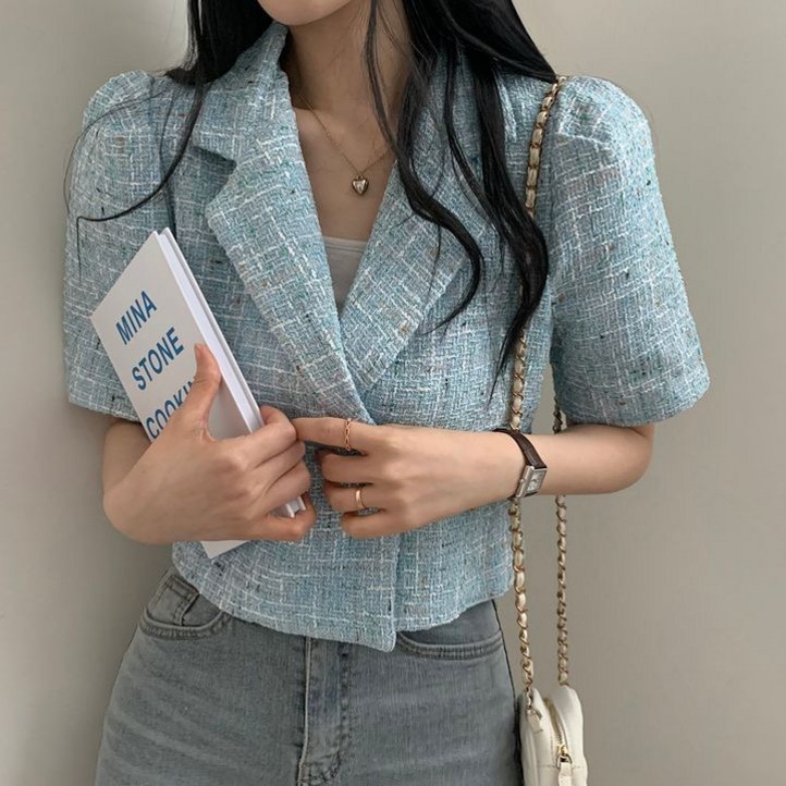 춘게엘 트위드 테일러카라 크롭 반팔자켓 r112