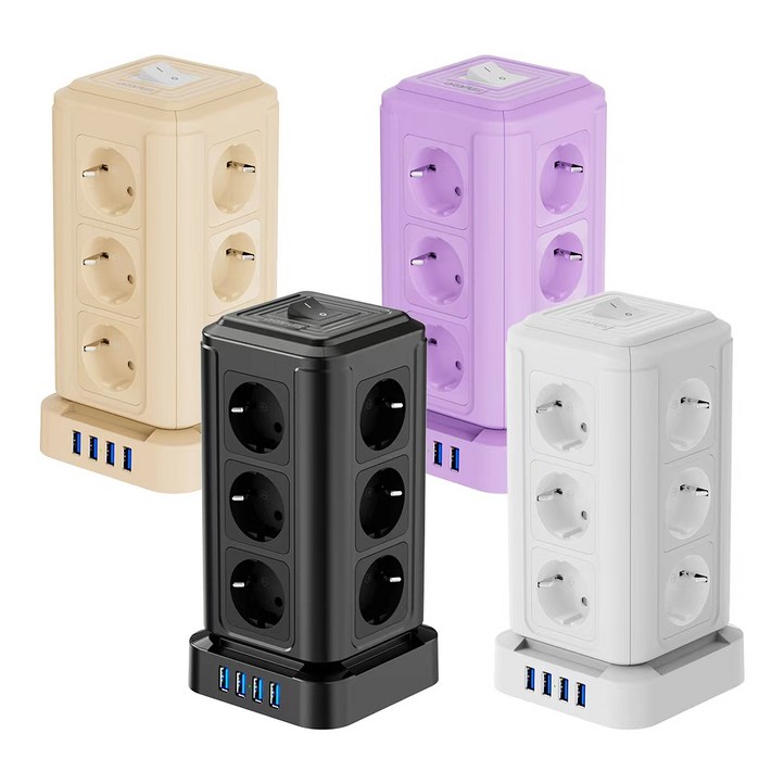 ORDFLES 12구4USB 고속 충전고용량 4000W 과부하차단 타워형 멀티탭, 블랙, 1개, 2m