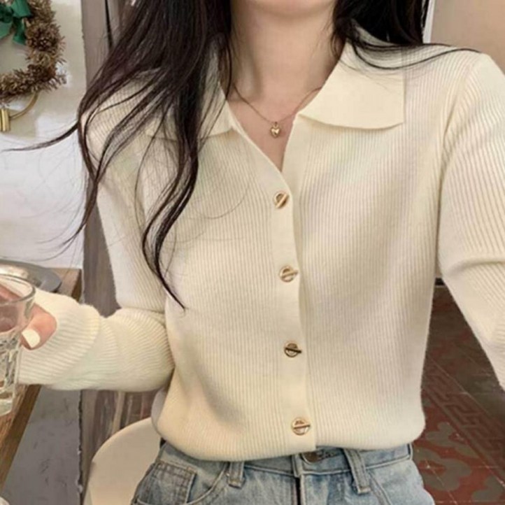 여성 여자 데일리 골드버튼 카라티 스웨터 니트 긴팔 티 셔츠