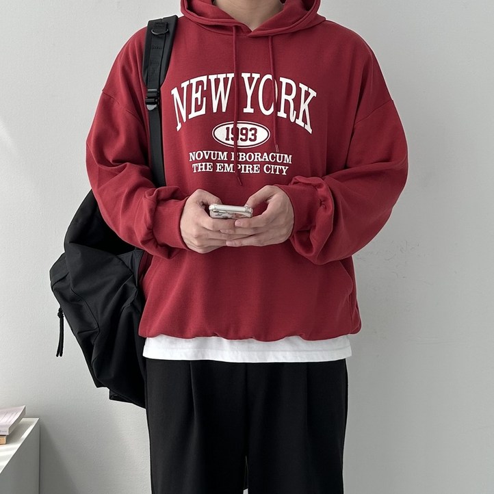 남녀공용 봄 가을 기본 프린팅 레터링 긴팔 긴소매 오버핏 루즈핏 후드티 맨투맨 레터뉴욕1993후드티
