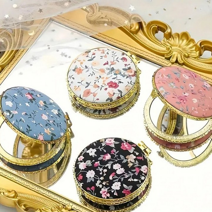 예리스 꽃거울 손거울 양면 미니 휴대용 원형 접이식 폴딩, 1개, 블랙