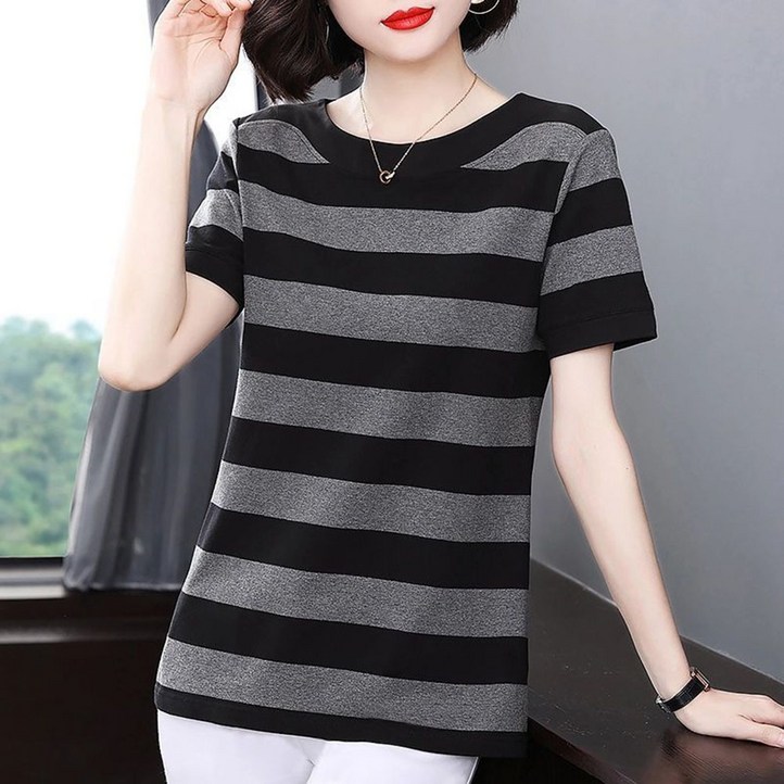 ROYALBELLE 여성 스트라이프 라운드넥 반팔 티셔츠 루즈핏 베이직 중년 여성 티셔츠 V030808 ROYALBELLE 여성 스트라이프 라운드넥 반팔 티셔츠 루즈핏 베이직 중년 여성 티셔츠 V030808
