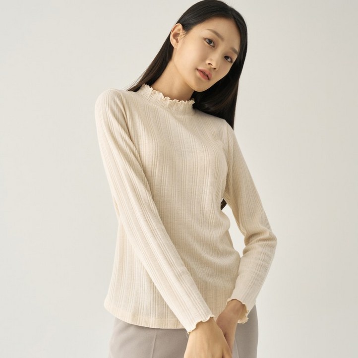 지센 여성 골지 프릴넥 티셔츠 LFTSNA06IV