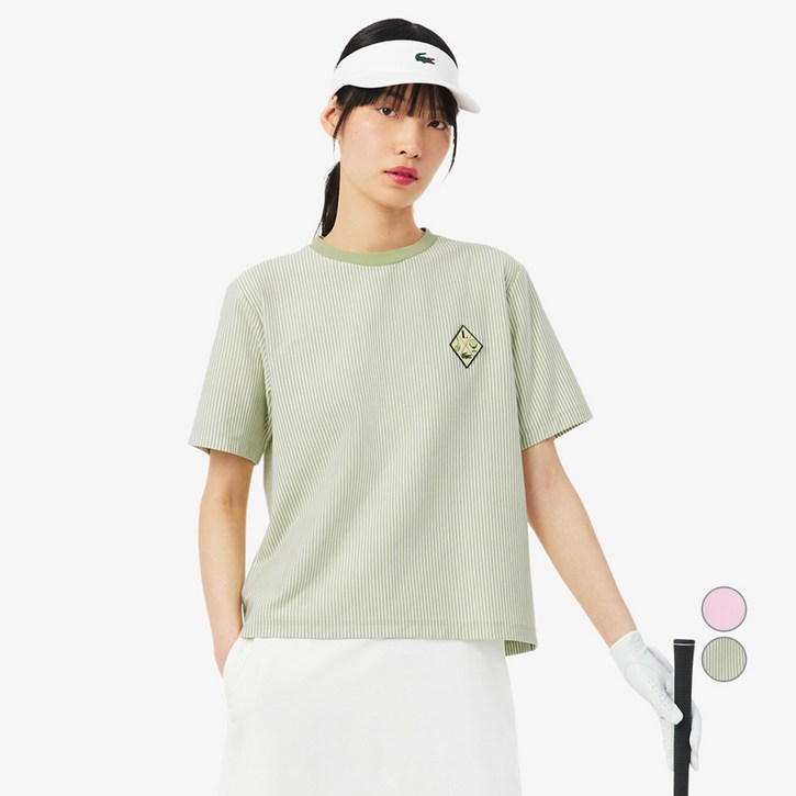 라코스테 여성용 골프 시즌 아플리케 스트라이프 티셔츠 TF0084-56G