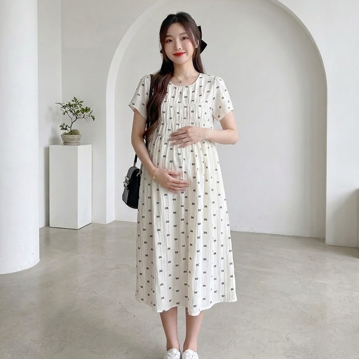 알럽홈 여성용 리본 패턴 임부복 반팔 임산부 원피스 L263-0301