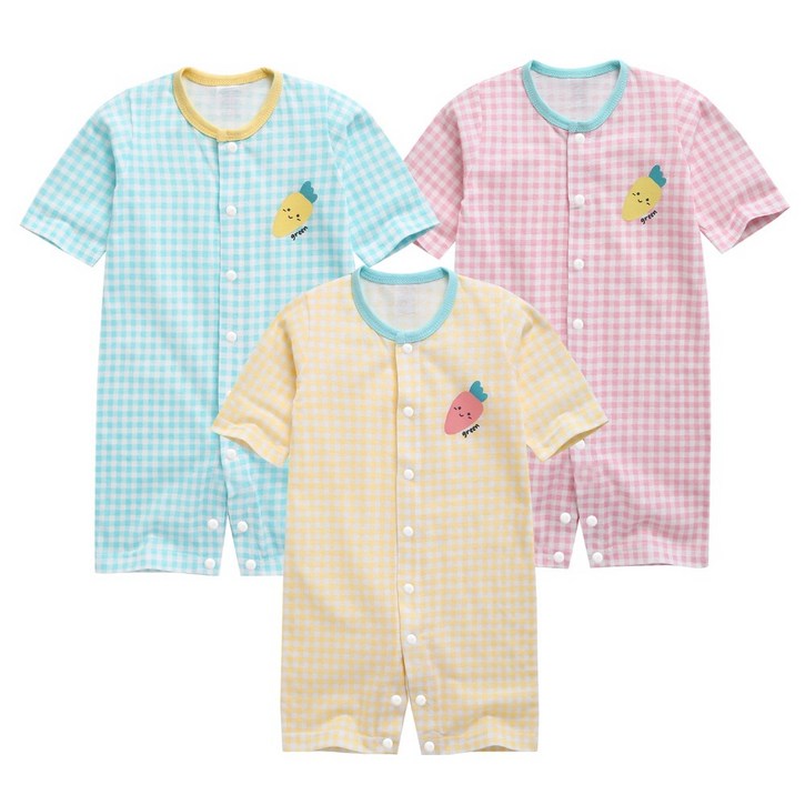 그린베베 여름용 영유아용 당근체크 편면 7부 우주복