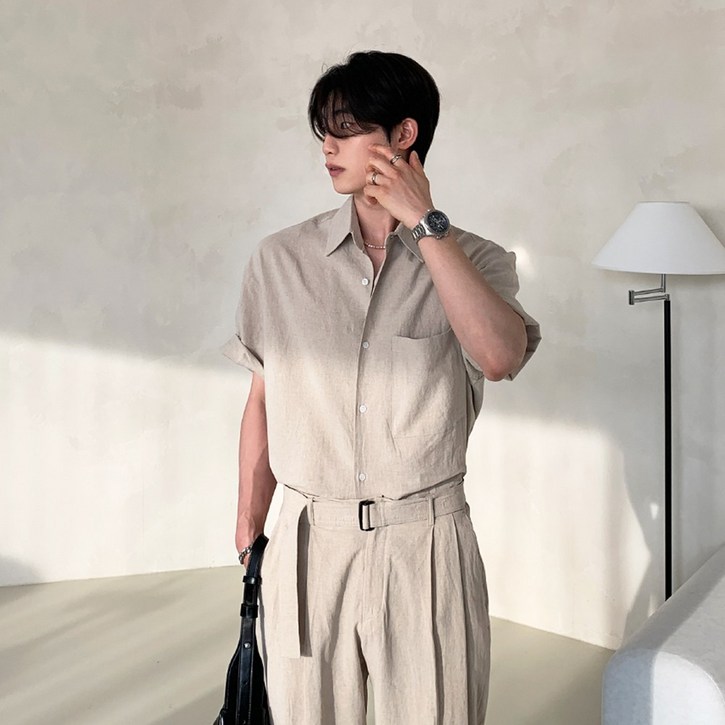 남자 린넨 마 여름 셔츠 반팔 벨트 와이드 오버핏 셋업 투턱 밴딩팬츠
