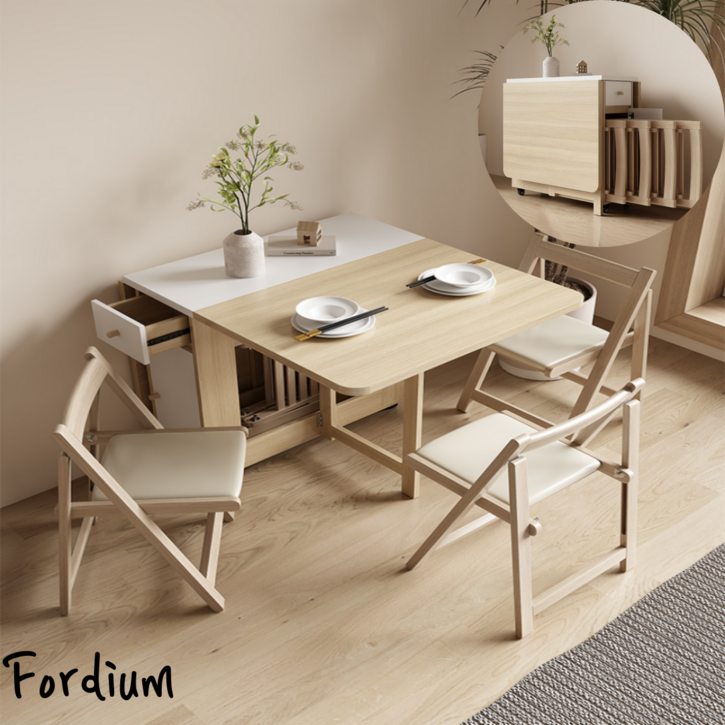 폴디움 공간활용 이동식 확장형 다이닝 접이식 식탁, 4인용, 화이트