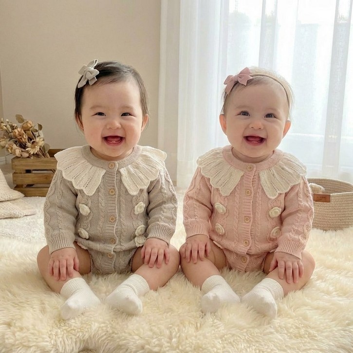 로이앤한나 하얀꽃 여아 여자아기 긴팔 니트 슈트