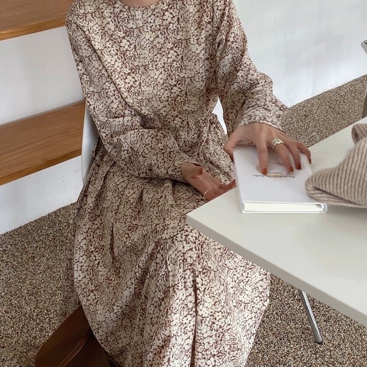 가을 프렌치 로맨틱 원피스 프렌치 플라워 롱스커트 스트링 긴팔 원피스