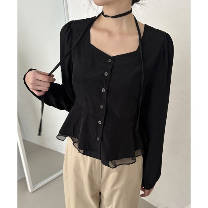 여리 넥 스트랩  타이 스퀘어넥 프릴 블라우스