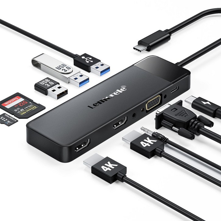Lemorele 10 in-1 USB C 허브 유형 C 도킹 스테이션 PD 100W 4K HDMI USB 3.0 허브 SD/TF 카드 슬롯 VGA 포트, 1개