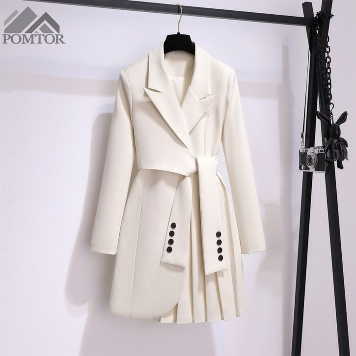 POMTOR 여성 봄가을 면접 고급 하객룩 정장 스커트 긴팔 원피스