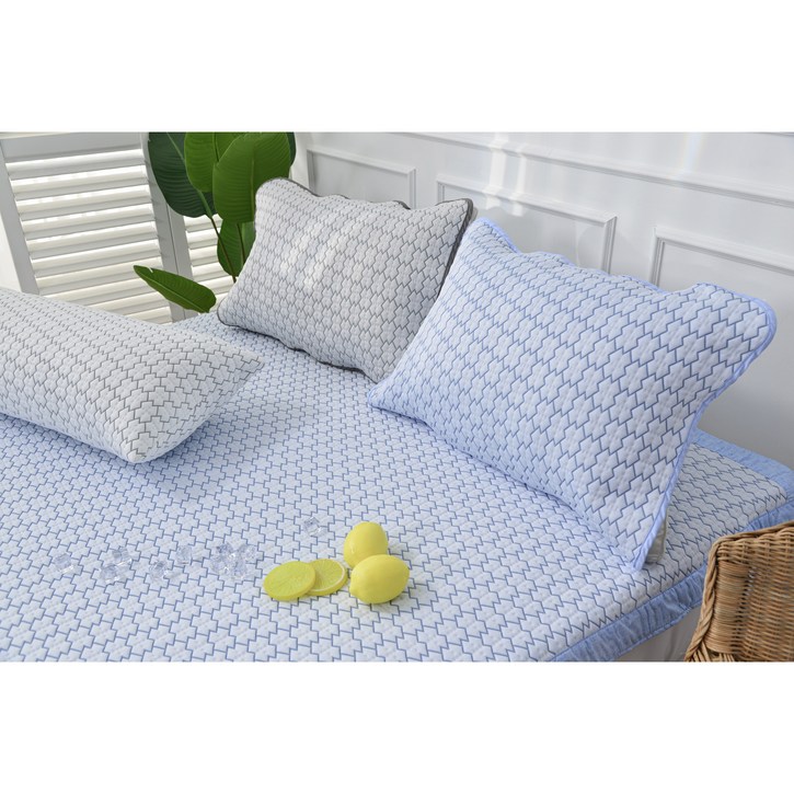 엘르넨 시리아 휴비스 듀라론 고정밴딩 아이스 냉감 여름 침대패드 싱글 퀸 킹 슈퍼킹 베개커버 바디필로우, 쿨매트+쿨베개 세트, 블루