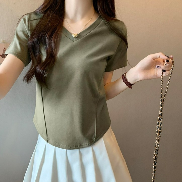 에브리아이템즈 더 날씬해보이는 여성 브이넥 헤링본 반팔 티셔츠 20230623
