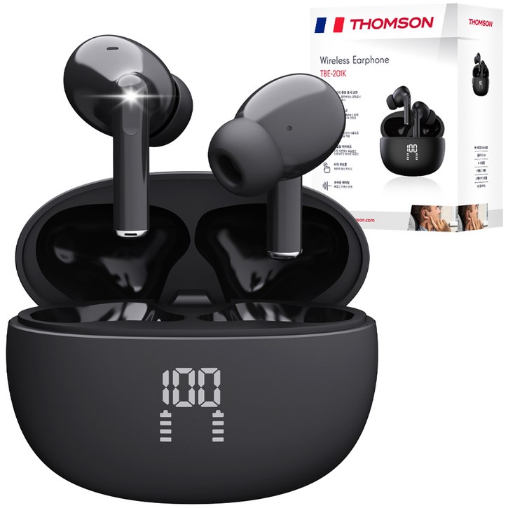 프랑스 톰슨 ENC 노이즈 캔슬링 LED 블루투스 6.0 이어폰 무선 방수, 블랙 TBE201K