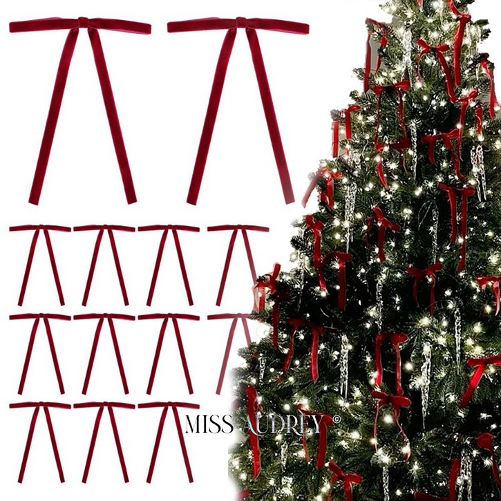 미스오드리 크리스마스 장식 슬림 롱 리본 오너먼트 12p 1세트 2컬러 벨벳 장식 소품 완성리본, 12개, 버건디
