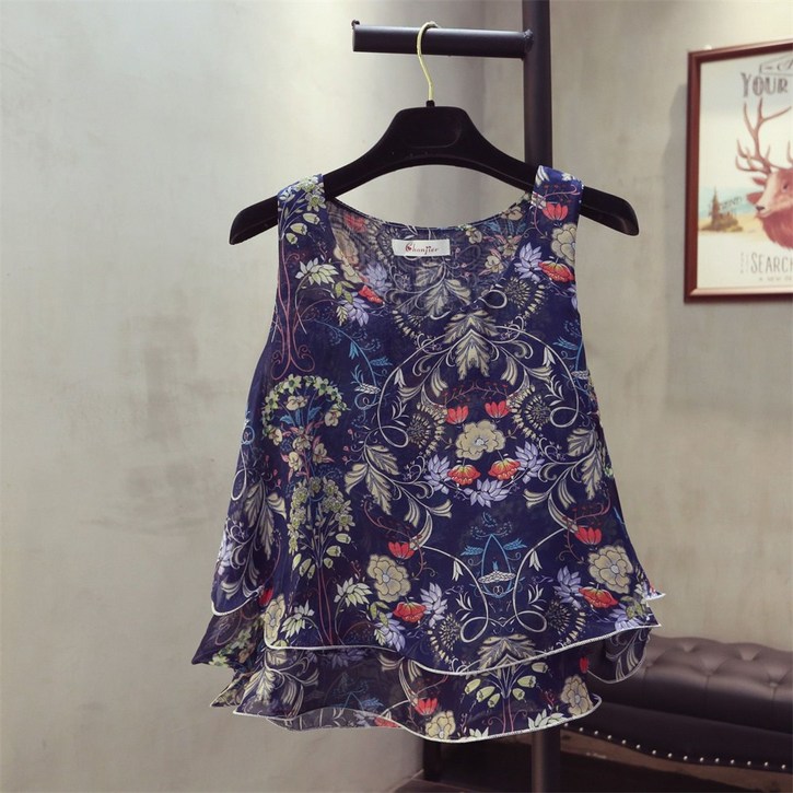 besteffie 여성 여름 쉬폰 플로럴 프린트 슬리브리스 탑 루즈핏 레이어드 하이웨이스트 블라우스 K97