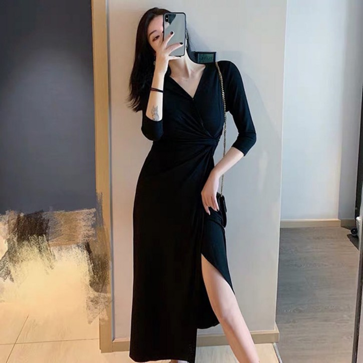 여성 랩 여성스러운 브이넥 원피스 부드러운 다리쪽 트임 긴팔