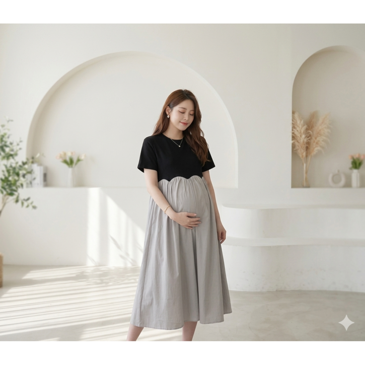 해피조이 빅사이즈 태교여행 임산부 롱원피스 반팔 임부복 원피스