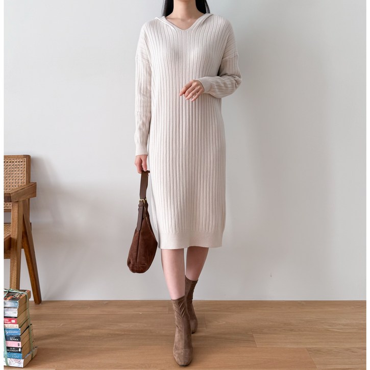 시연 가을 겨울 후드 골지 니트 롱 원피스 스웨터 스커트