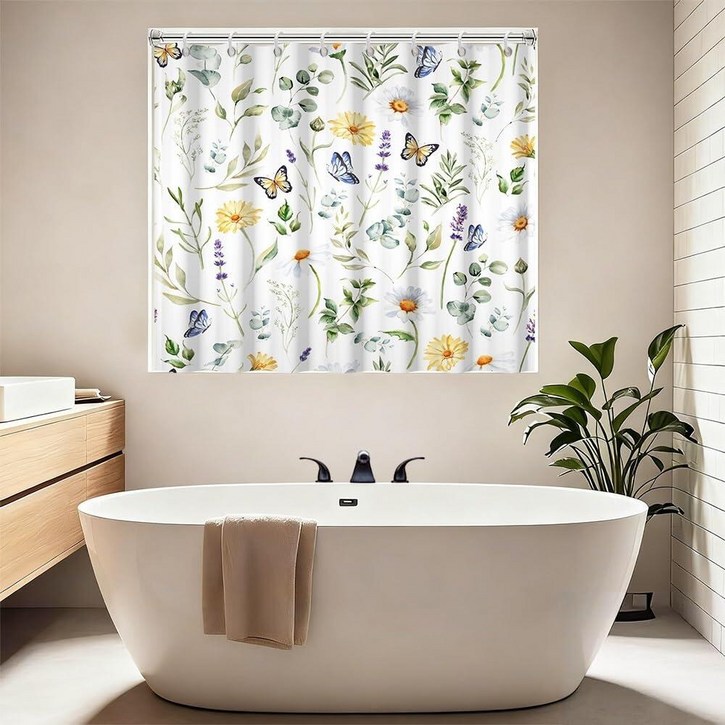 짧은 샤워 커튼, 수채화 그린 리프 데이지 나비 욕조 샤워 커튼 세트 후크 포함 방수 커튼 워킨 욕조 또는 스텝 인 욕조용 182.9 x 121.9cm72 x 48인치