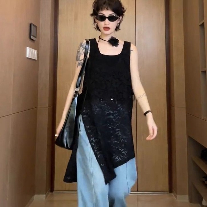 캐주얼 펀칭 니트 원피스 패션 언밸런스 레이스 나시 원피스 여성 레이어드 민소매 미디 블라우스 WMY