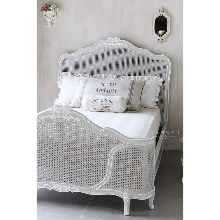 로제 라탄 침대 color 패리스그레이, 모던프렌치 쉐비시크 앤틱 침실 베드룸 프레임 슈퍼싱글 퀸 킹 원목 사이즈 주문 제작 우드아뜰리에, 패리스그레이