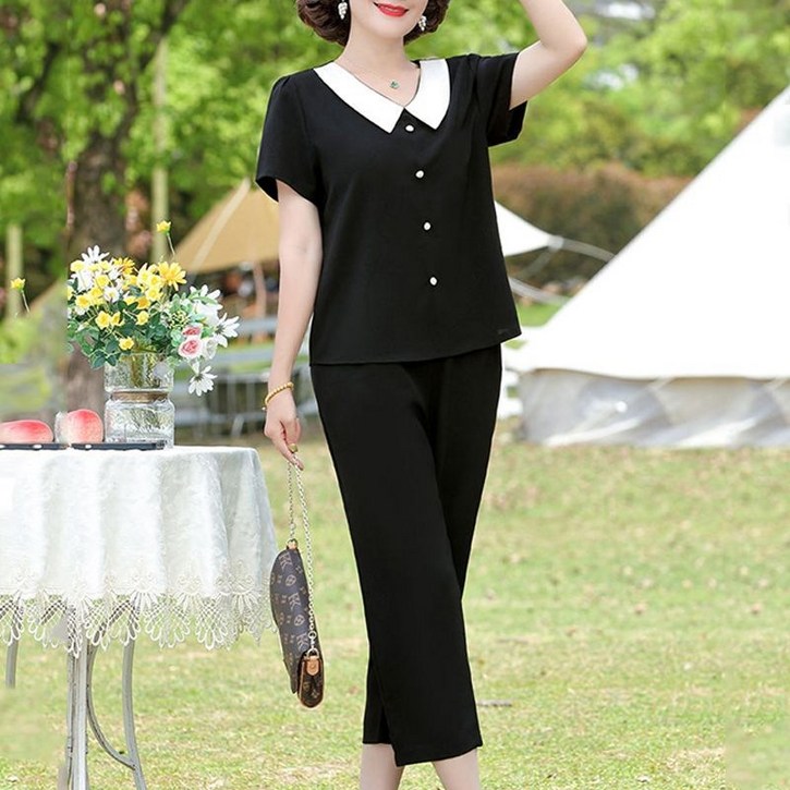 COSYEVNO  중년 여성 반팔 배색 칼라 버튼 세트 LFHmmtz-8