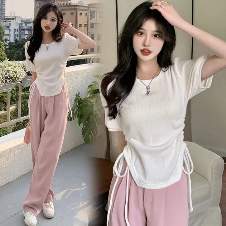 스트랩 반팔 티셔츠 여성용 높은 허리 바지 긴 다리 바지 투피스 세트 여름