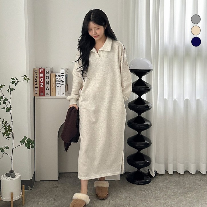 디테일웨어 여성 기모 카라넥 긴팔 원피스 빅사이즈 임부복 밑단트임 편한원피스 도톰한 겨울 포켓 롱원피스