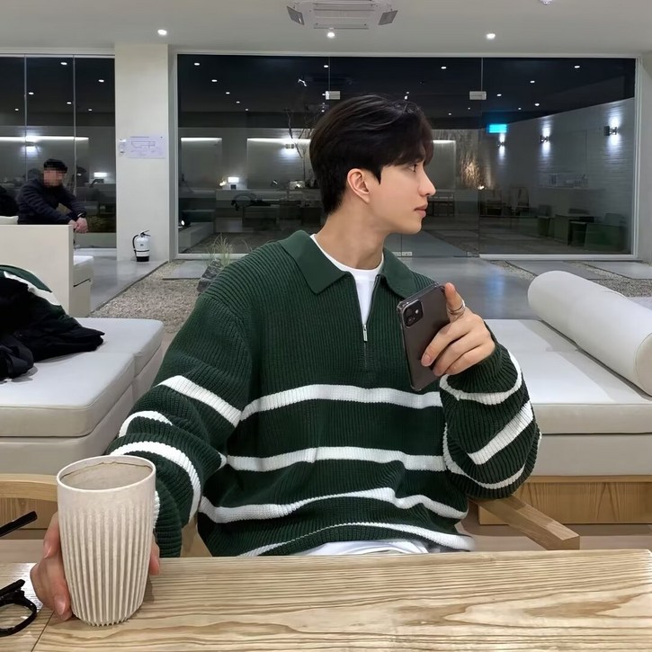 style dr 남성용 워셔블 빅사이즈  오버핏 카라 스트라이프 니트 티셔츠  스웨터