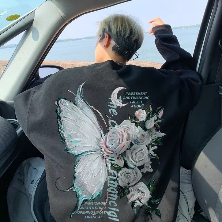 AOKADA 남성 기모 오버핏 라운드 기모 맨투맨 티셔츠 나비 플라워 프린팅 트레이닝 츄리닝