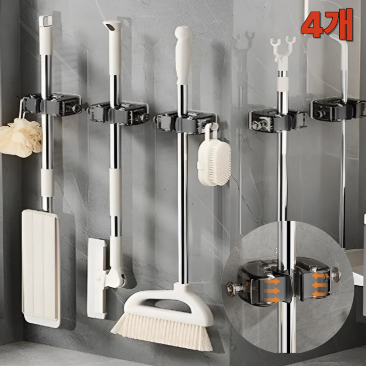 트렌시아 무타공 초강력 접착식 걸이 후크 청소도구 욕실 밀대 거치대 다용도, 4개, 후크형 그레이