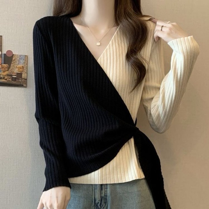 녕동 여성 브이넥 골지 니트 티셔츠 루즈핏 배색 니트 이너티 빅사이즈