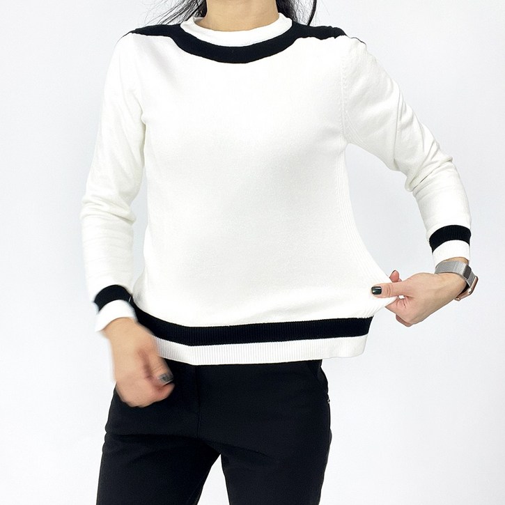 투솜 여성골프니트 방풍골프니트 겨울골프니트 방풍안감 어깨라인배색 니트 여성 배색 울 라운드 긴팔 니트 여자 겨울 골프 기모