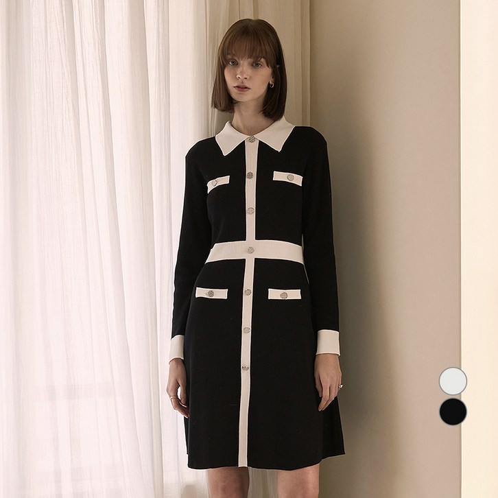 이사베이 여성용 IB 라인 배색 핏 앤 플레어 니트 원피스 VJOCI7936