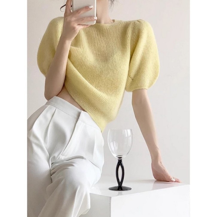 여성 라운드넥 니트 반팔티 봄 가을 반팔 니트 퍼프소매 상의 여자 캐주얼 티셔츠 LT