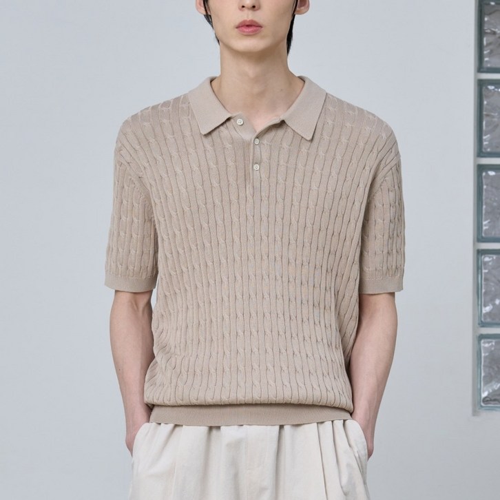 에이지오디 코튼 모달 워셔블 버튼 카라 케이블 하프 니트 반팔니트 반소매니트 캐주얼 데일리 남녀공용 케이블 하찌 반집업 오버핏
