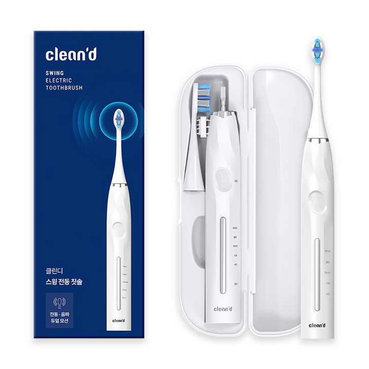 클린디 회전음파 전동칫솔 스윙45 FDA 인증완료 칫솔모 유럽 ROHS 인증 45도 바스법 플라그 제거 효과 IPX7 방수, 2개, 화이트, CD100