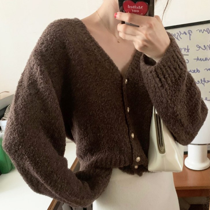 레티고 여성 루즈핏 브이넥 솔리드 니트 가디건