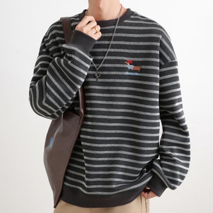 더플로우커머스 남성용 닥스훈트 자수 포인트 스트라이프 맨투맨