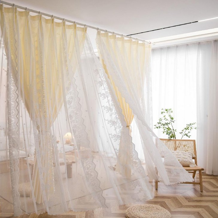 이중 암막 레이스 커튼 거실 침실 쉬폰 나비주름 북유럽