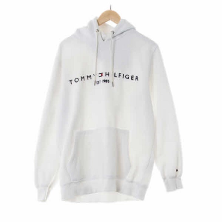 토미힐피거 0507 화이트 면혼방 센터자수로고웜후드티 L